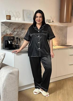 Пижама женская шелковая, атлансная черная пижама