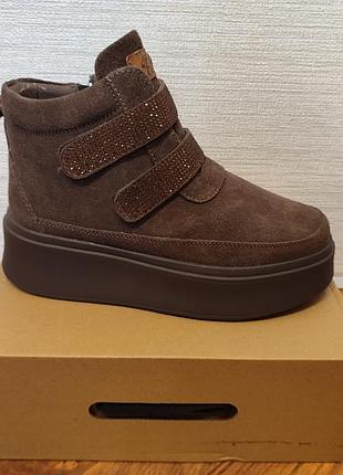 Ботинки женские pps зимние кожаные с липучками и молнией коричневые