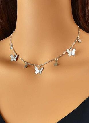 Чокер цепочка колье подвески бабочки серебристые