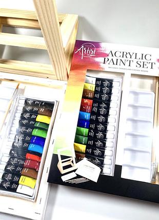 Набір для живопису 12 акрилових фарб, 2 полотна, 4 пензлі, 1 мольберт та 1 палітра