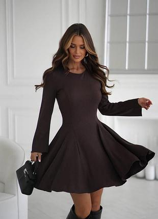 Повсякденна міні сукня сонце спідниця в рубчик довгий рукав круглий виріз трикотажна