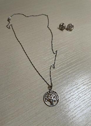 Срібний набір «дерево життя» ланцюжок кулон сережки 925 проба/цирконій