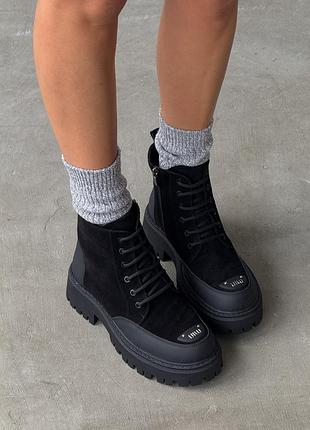 Натуральные кожаные и замшевые зимние черные ботинки - берцы