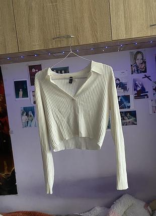 Білий ребристий кроп-топ/лонгслів з коміром від h&m