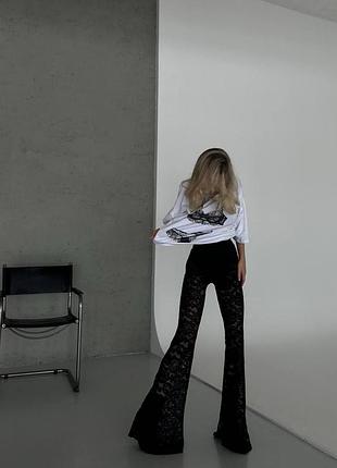 Брюки клеш высокая посадка гипюр кружево кружевные цветочный узор вензеля полупрозрачные