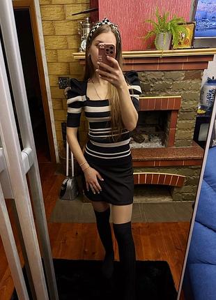 Жіночий набір 2в1; комплект одягу mango: коротка, чорна юбка та кофтинка в рубчик; женский костюм (двойка): коротка спідниця та кофта (рукав-фонарик)