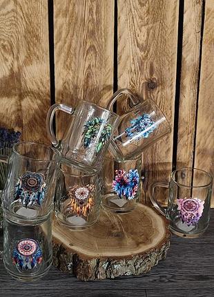 Скляна чашка “ловець снів” / прозора кружка з яскравою наклейкою