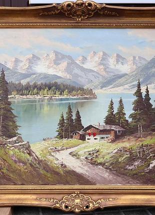 Картина с подписью художника "тиша горного утра".  (3245)