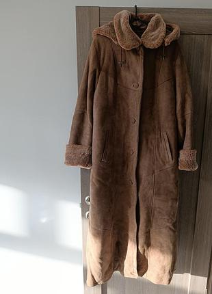 Теплая натуральная длинная дубленка цигейка с капюшоном пальто шуба, 40/l/48