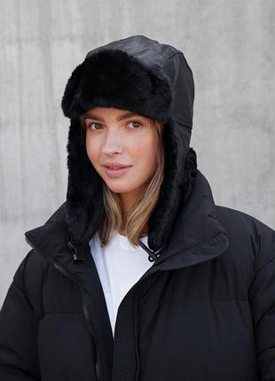 Женская кожаная шапка ушанка without galaxy black