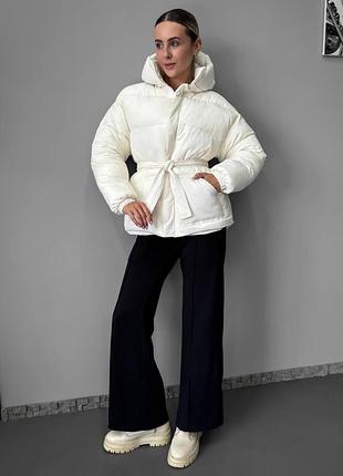 Жіноча тепла куртка пуховик з якісної плащівки зимова куртка з  поясом дута куртка на зиму