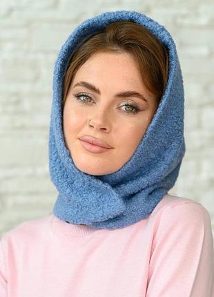 Капор букле джинс (блакитний) теплий на флісі на кнопках жіночий 396