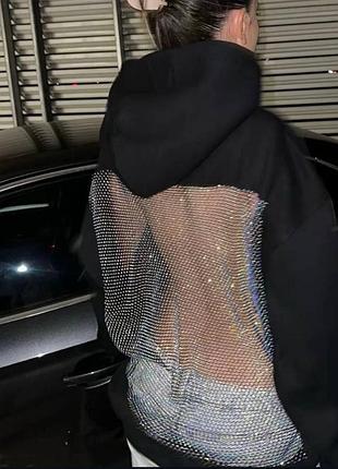 Худі оверсайз сітка на спинці стрази люрекс фліс на флісі
