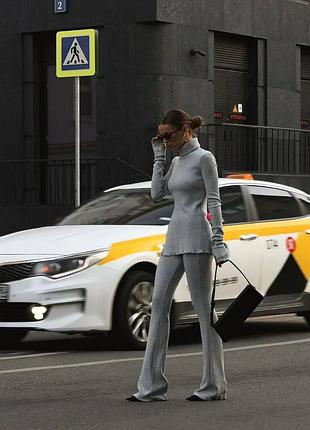 Костюм брючный брюки кофта туника асимметрия воротник длинный рукав в рубчик брюки клеш высокая посадка ангора