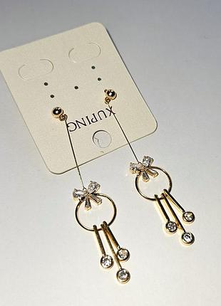 💝1+1=3 нежные золотистые серьги с камушками бантики xuping