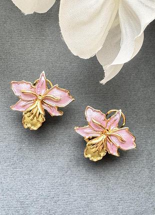 Сережки «орхідея» — рожево-золоті, емаль, нові