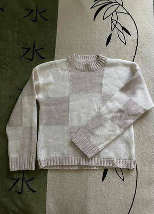 Кофта дівчача в’язана біло-рожева у великий квадрат, 13–14 років