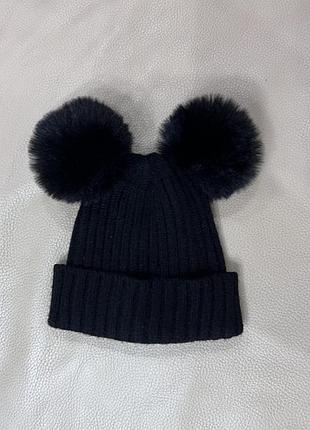 Шапка з помпонами 2 шт, вушка 0/3 міс ріст 62 як нова