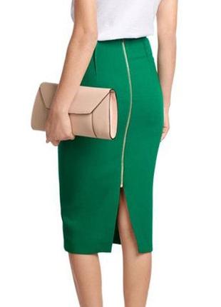 Юбка миди карандаш, зеленая, молния