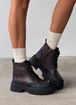 Ботинки женские коричневые кожа / кожаные ботинки шоколадного цвета зима / коричневые ботинки зима