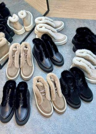 Ексклюзивні черевики високі лофери з норкою з італійської шкіри та замші жіночі