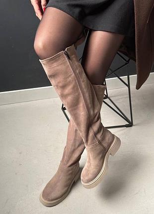 Жіночі високі чоботи натуральна замша беж візон