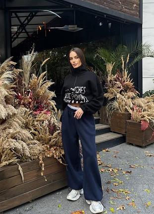 Жіночі повсякденні теплі спортивні штани брюки палаццо з лого резинкою тканина якісна дорога тринитка на флісі