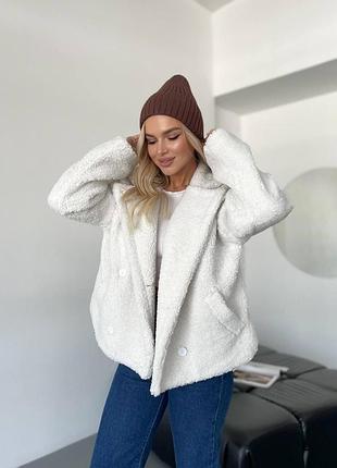 Жіноча еко-шуба куртка тедді шерпа двобортна білий колір