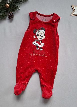 Новогодние велюровые красные ползунки 0-3 мес миннb disney дисней человечек штаны штанишки для новорожденной девочки бодик боди