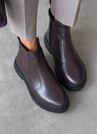 Коричневі шоколадні натуральні шкіряні демісезонні демі осіннні черевики челсі з резинками на резинках шкіра осінь шоколад