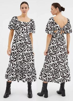 Платье сарафан миди кремовое принт зебра коричневый окрас полоски длинный свободный открытая спина на завязках george uk 14