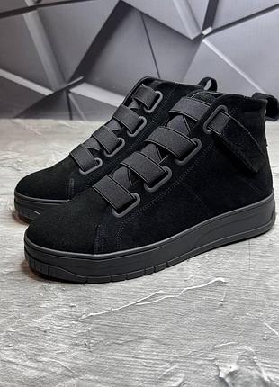 Зимние ботинки мужские на резинке липучке черные натуральная замша 25/12 кроссовки / кеды на меху