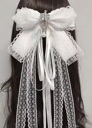 Шпилька білий бант з довгими стрічками лоліта