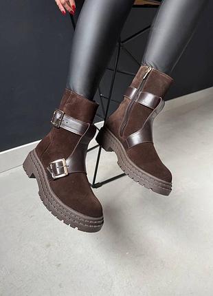 Черевики з пряжками натуральна замша та шкіра шоколад