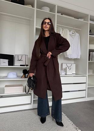 Кашемірове пальто з поясом шоколад та чорне