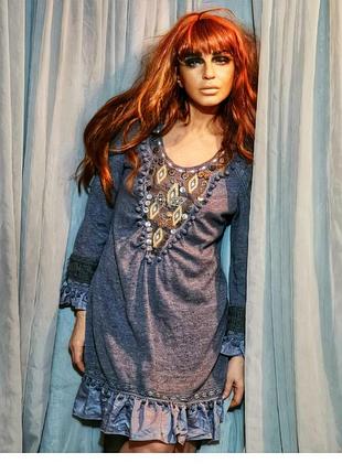 Платье миди с рюшей кружевом вышивкой монеты в бохо стиле шерстяной шерсть sophyline