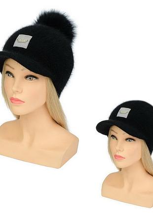 Шапка жіноча ангора з козирком carina колір чорний