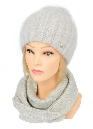 Набор шапка и шарф вязаный женский ангора lina серого цвета
