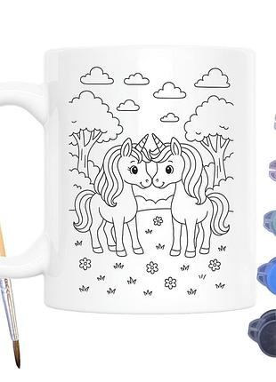 Набір для творчості кружка розмальовка єдинороги у лісі 330 мл біла (кр0136)