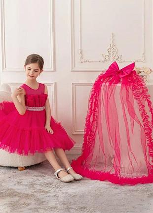 Нарядное платье для девочки малиновое с бантом и шлейфом 6-7 лет