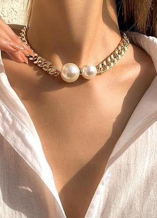 Тренд стильное массивное женское золотистое колье ожерелье винтажный стиль имитация жемчужин