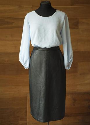 Чорна натуральна шкіряна вінтажна спідниця міді жіноча (німеччина), розмір xl, 2xl