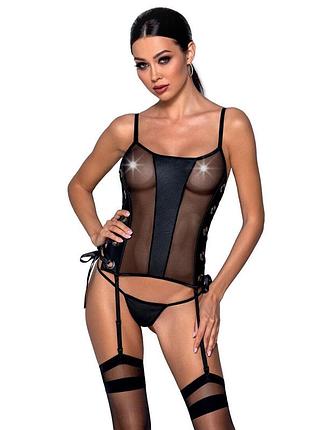 Сетчатый корсет из эко-кожи passion malwia corset black l/xl: с люверсами и съемными пажами