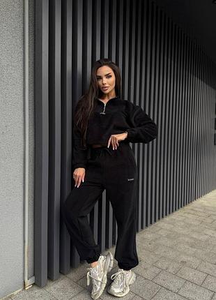 Флісовий чорний костюм оверсайз 1167 кофта світшот та штани джогери