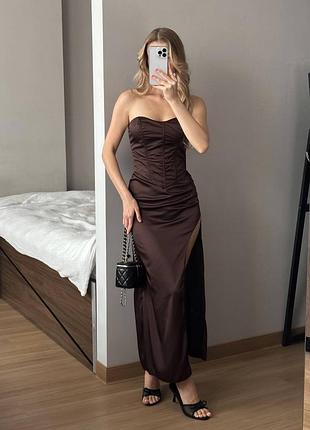 Шоколадний вечірній костюм шовковий комплект спідниця + корсет 9178 хс, с, м