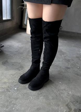 460 класичні ботфорти жіночі чорні на низькому ходу євро зима еко замша
