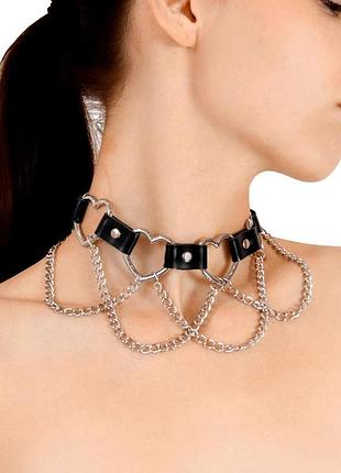 Чокер с сердцами и цепочками art of sex - freya, натуральная кожа, цвет черный