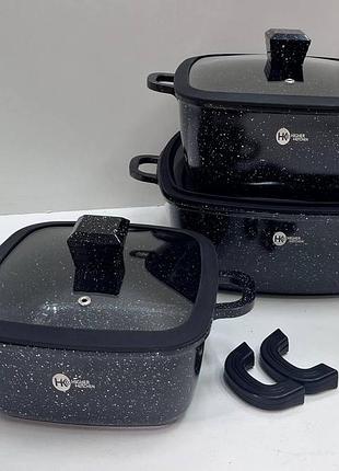 Набор квадратных кастрюль с силиконовыми крышками и  5-ти слойным дном higher kitchen hk-323 черный