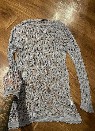 Сукня в’язана сітка з рукавами  в дірку ажурна органічна віскоза з люрексом сталева shein