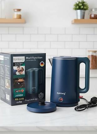 Электрочайник rainberg 2000вт 2л нержавеющий, rb-2245 синий с функцией автоматического отключения